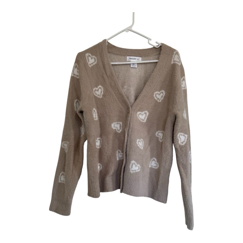 Bailey 44 XS Womens Cardigan Sweater Beige Heart Print Button Down Fuzzy